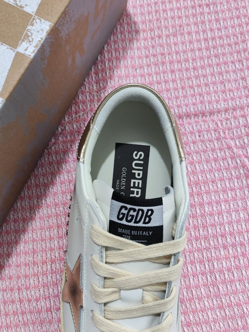 Golden Goose Distressed Metallic Gold Trim Super-Star Sneakers - Picture 2 of 8